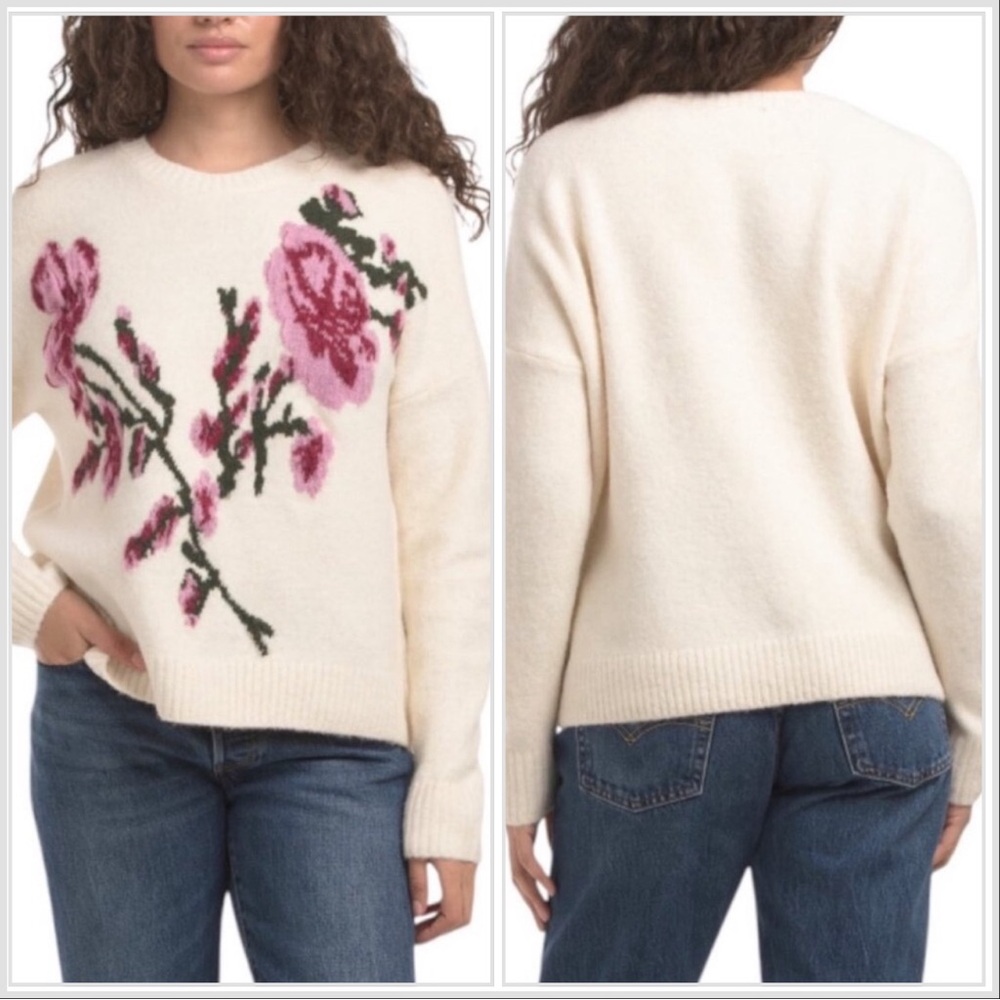 Ted Baker Floral Jacquard Sweater Cream Pullover Crewneck Long Sleeve Knit Large